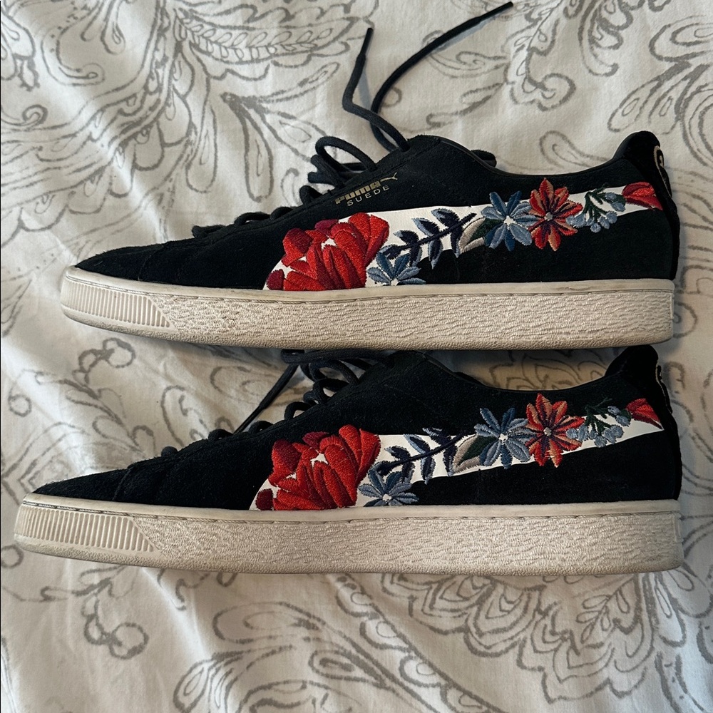Puma Suede Black Sneakers with Red and Blue Floral Embroidery - Picture 8 of 8